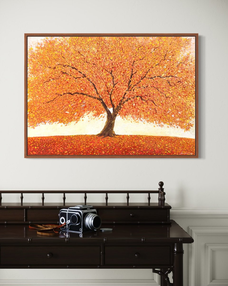 Impressionistic Landscape Oil Painting By Volodymyr Smoliak, 39 X 28", Autumn Tree, Original Artwork
