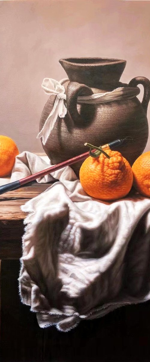 Still life:Oranges on the wooden table by Kunlong Wang