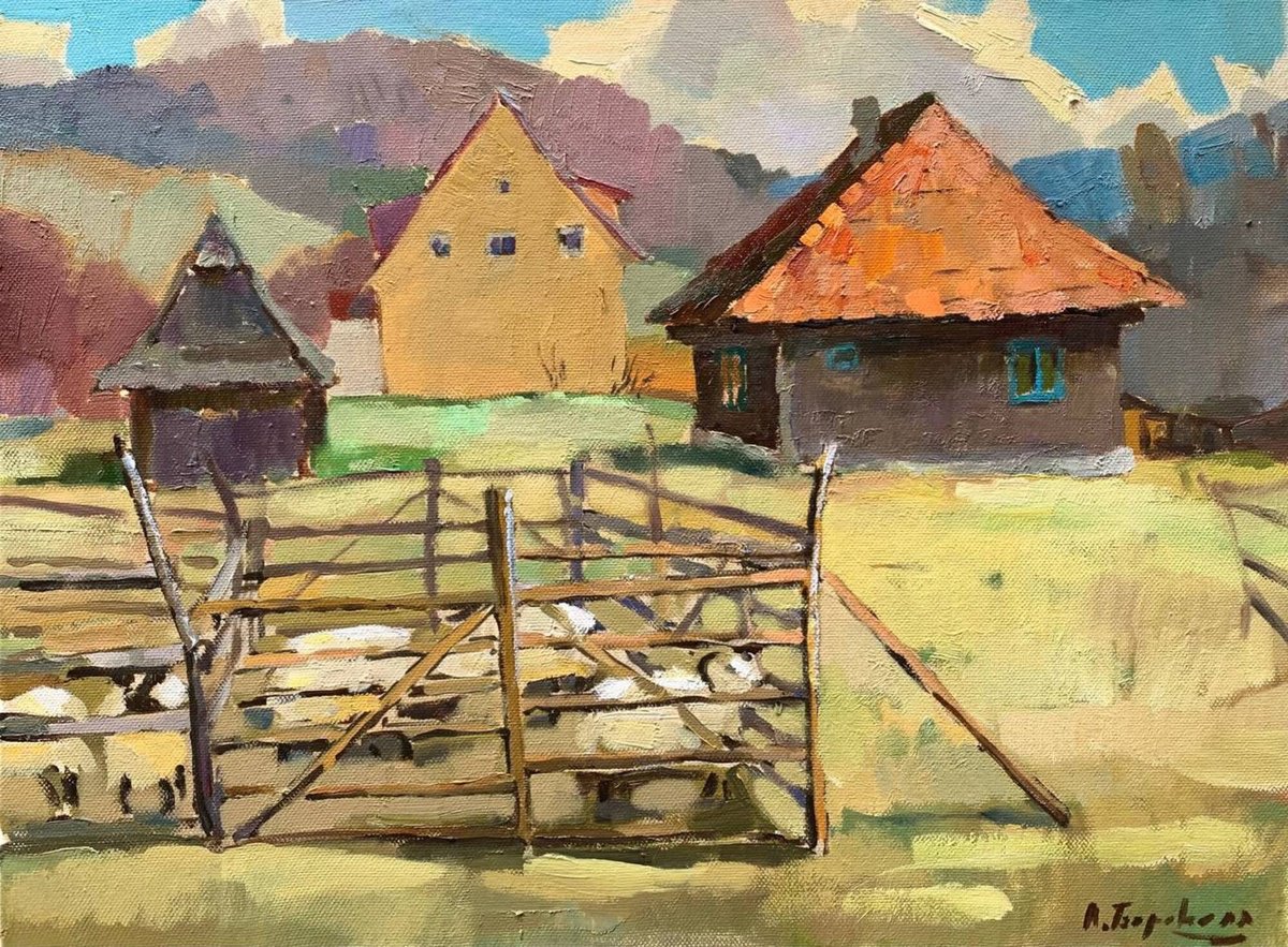 Impressionistic Cityscapes Oil Painting By Andriy Berekelia, 24 X 18, Sheep By The House, Original Artwork