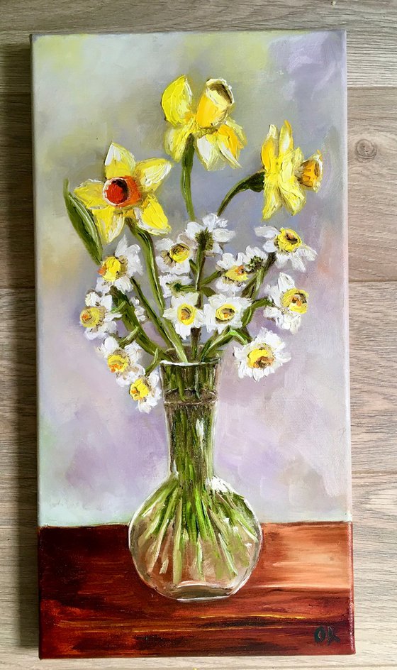 Bouquet of Daffodils  #6 on wooden  table, still life inspired by spring in a glass.