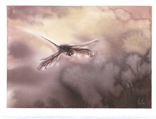 Glimpse VIII - Sunset Dragonfly Watercolor Painting by ieva Janu