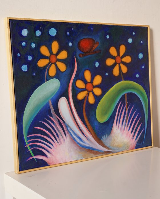 Tre fiori con farfalla