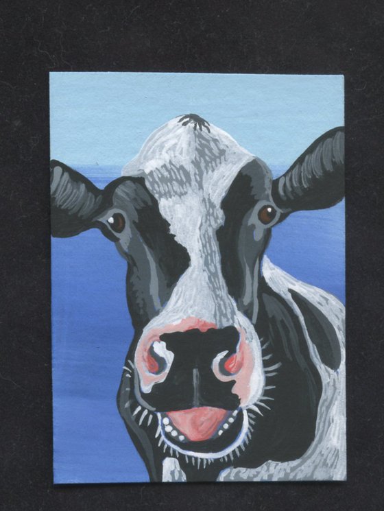 ACEO ATC Original Miniature Painting Black White Cow Farmyard Art-Carla Smale