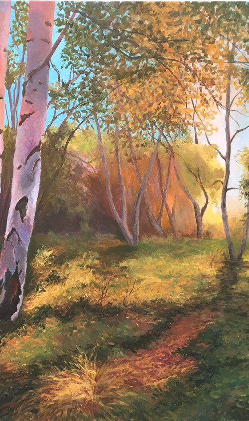 Autumn in a forest, yellow trees, gold trees, Realistic landscape oil painting by Leo Khomich