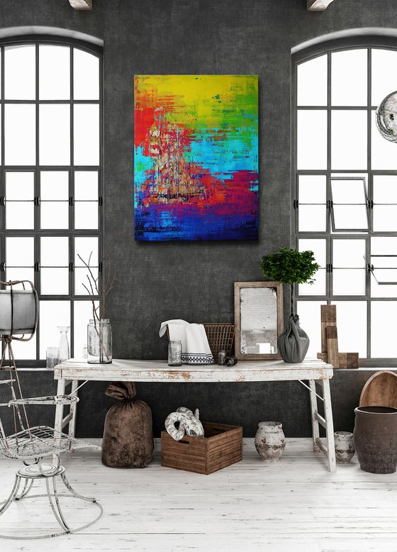 RAINBOW COLORS ** COLORFUL ABSTRACT PAINTING ON CANVAS ** 80 x 60 CMS *** READY TO HANG