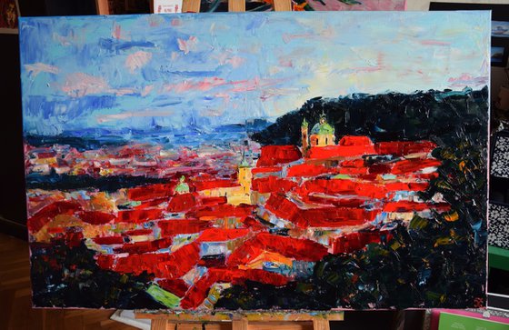 Prague Original Palette Knife Oil Painting, Large Artwork, Red Roofs Art, Europe Wall Art