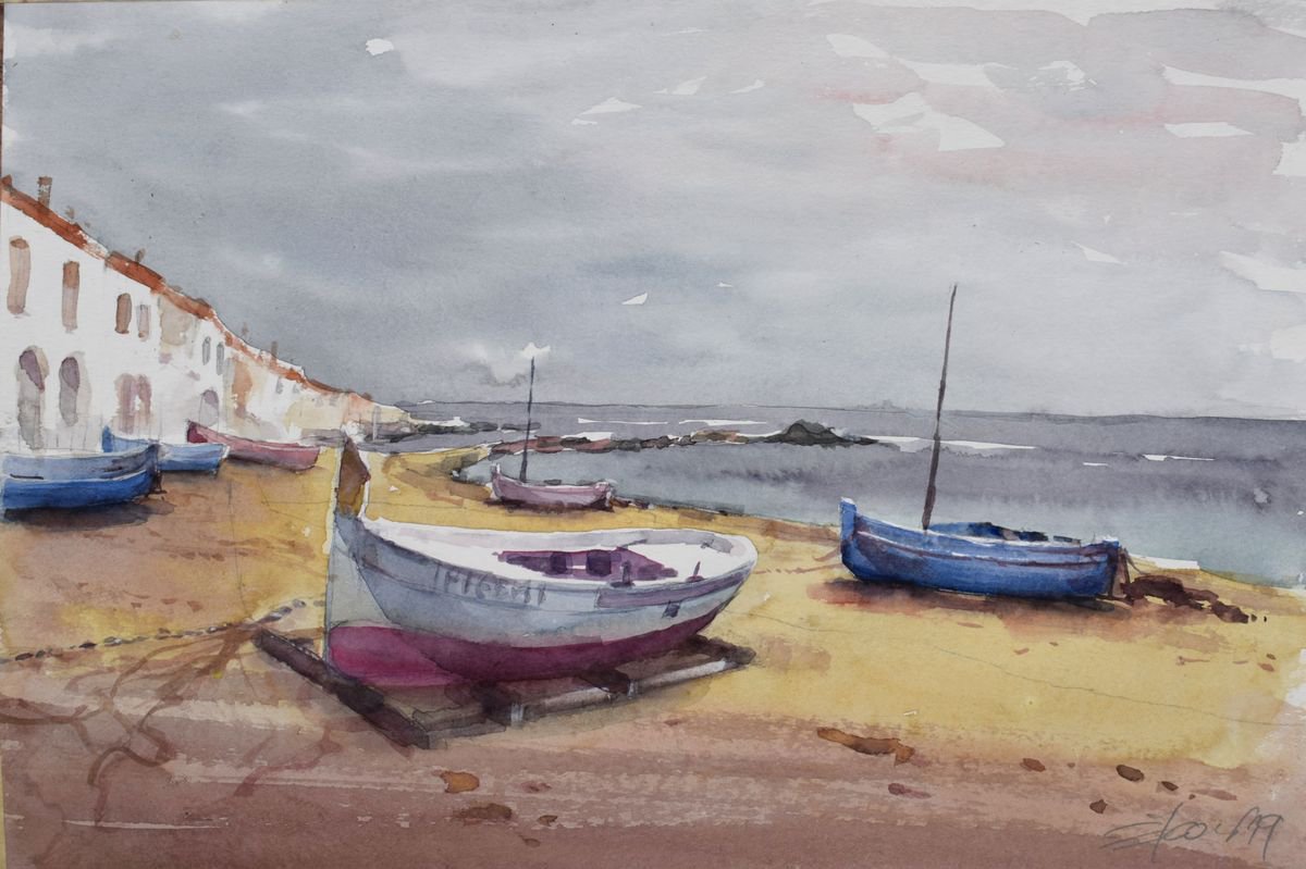 Boats on coast ( GIrona) by Goran Zigolic Watercolors