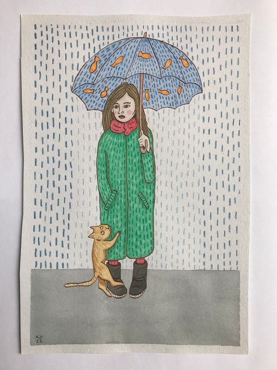 Umbrella & Cat - Mixed-media