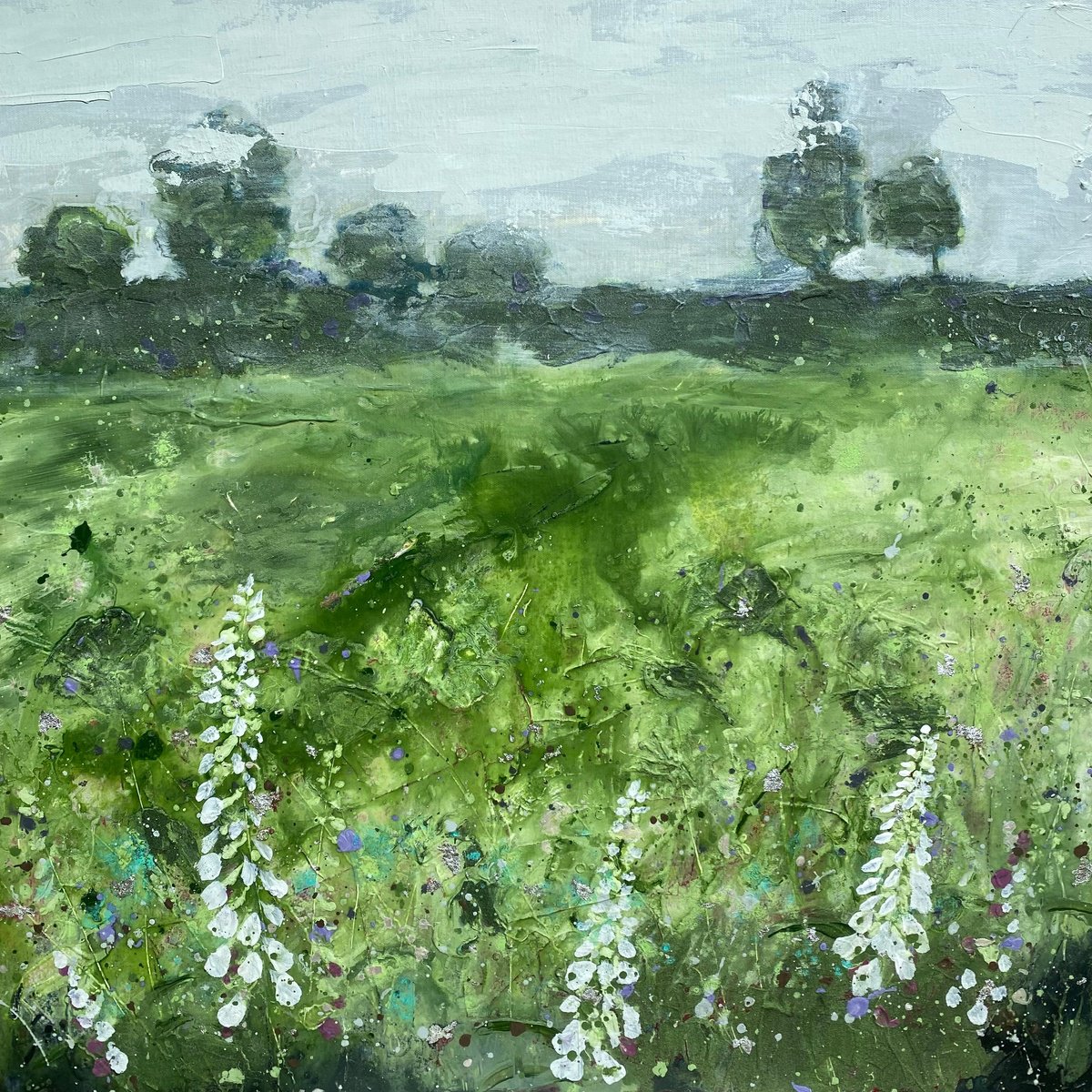 Impressionistic Landscape Painting By Elizabeth Westcott, 30 X 30, Foxgloves, Original Artwork