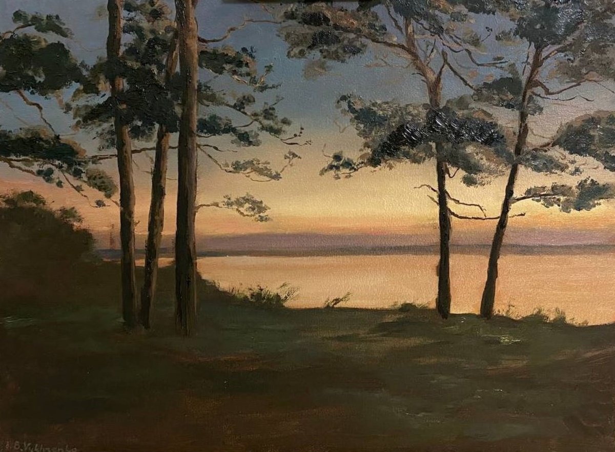 Impressionistic Landscape Oil Painting By Bohdan Vykhrenko, 16 X 12, Lake Sunset, Original Artwork
