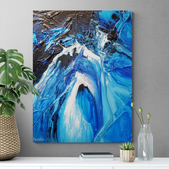 Midnight Blu 75cm x 100cm Blue White Textured Abstract Art