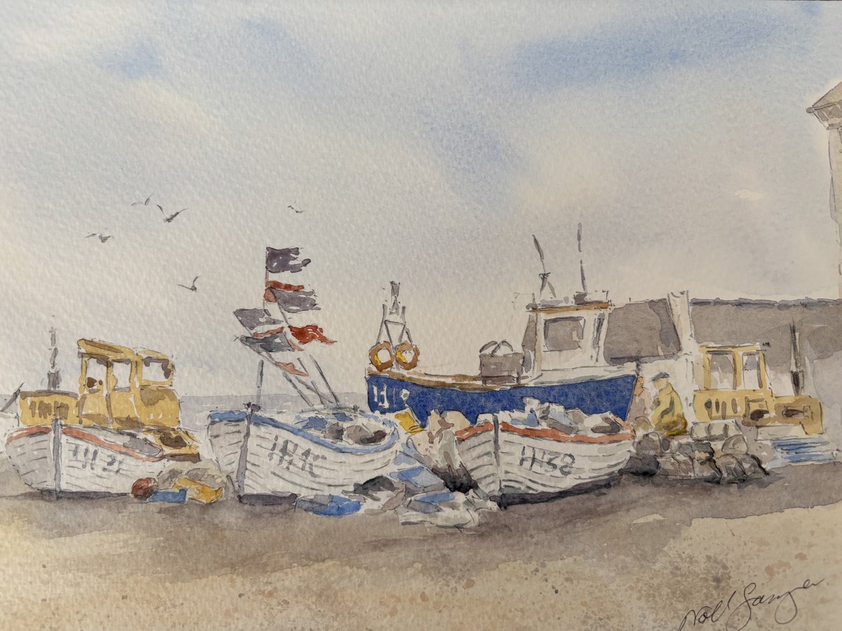 Impressionistic Landscape Watercolour By Noel Sawyer, 10 X 7", The Reuben-William With 4 Old Crab Boats, Original Artwork