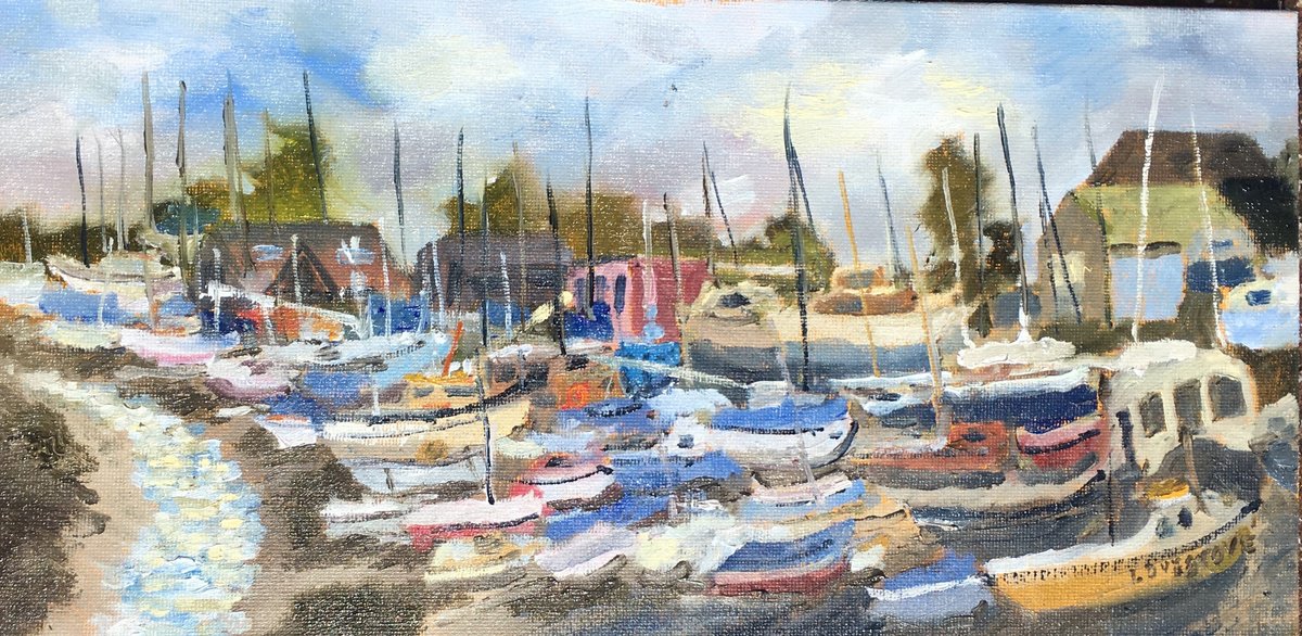 Impressionistic Landscape Oil Painting By Julian Lovegrove Art, 12 X 6", Boats And More Boats At Rye., Original Artwork
