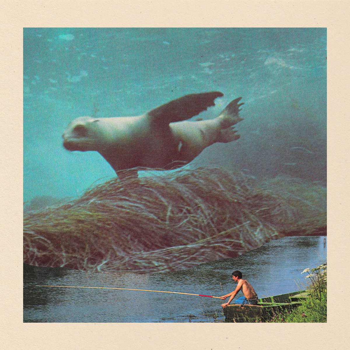 Animal Collage By Jon Garbet, 6 X 6, Gone Fishing, Original Artwork