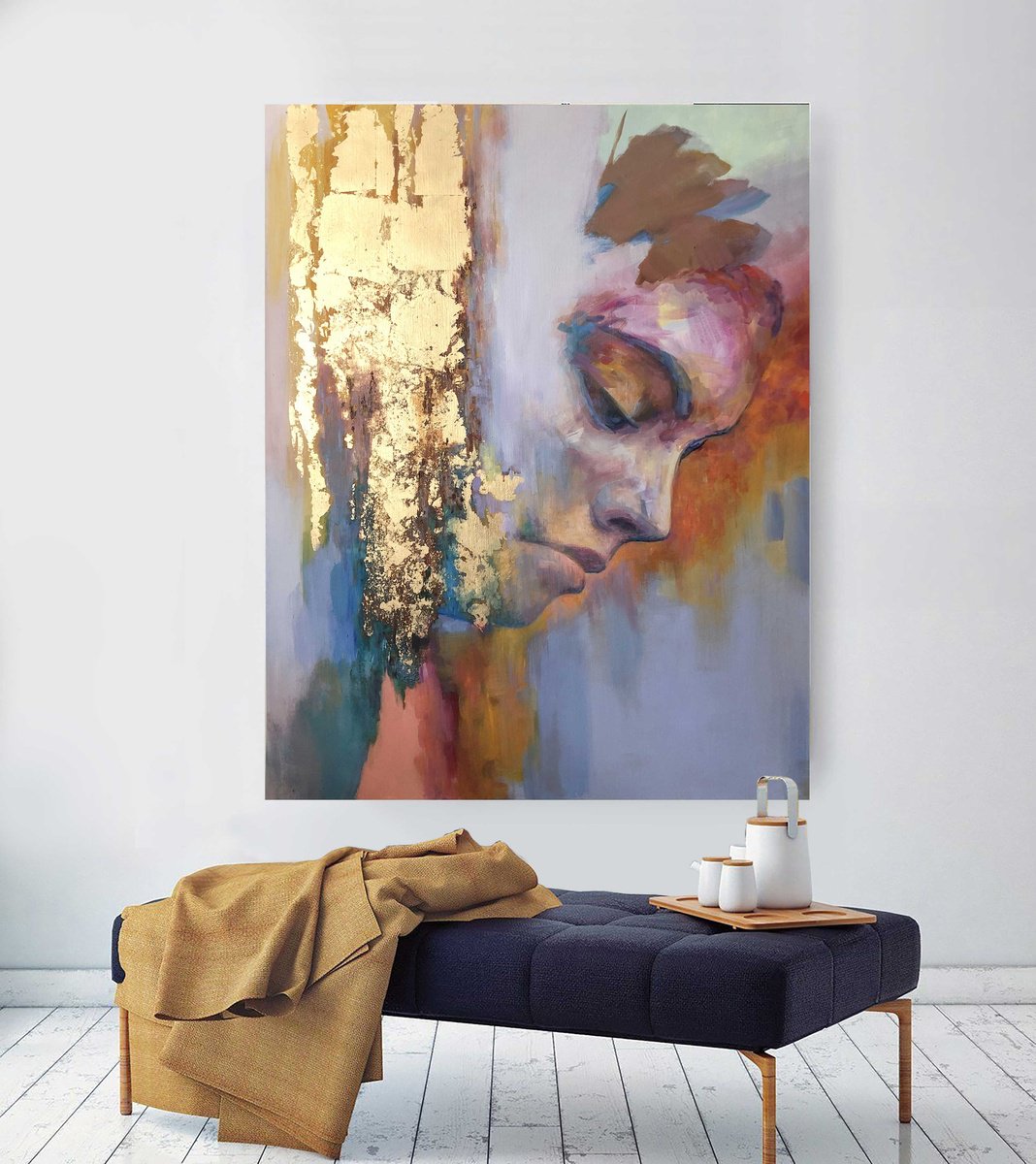 Expressive Abstract Acrylic Painting By Viacheslav Zaykin, 35 X 46", Silence | Golden Profile Portrait | Realism, Artfinder