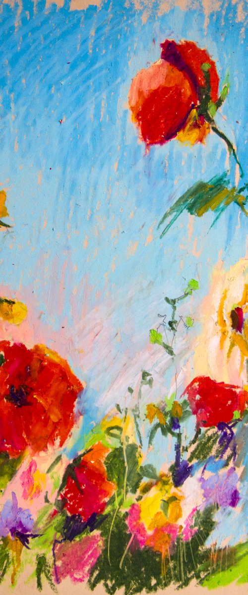 Summer field. Home isolation series. Oil pastel painting. Small original impression flowers, colors, interior gift decor provence by Sasha Romm