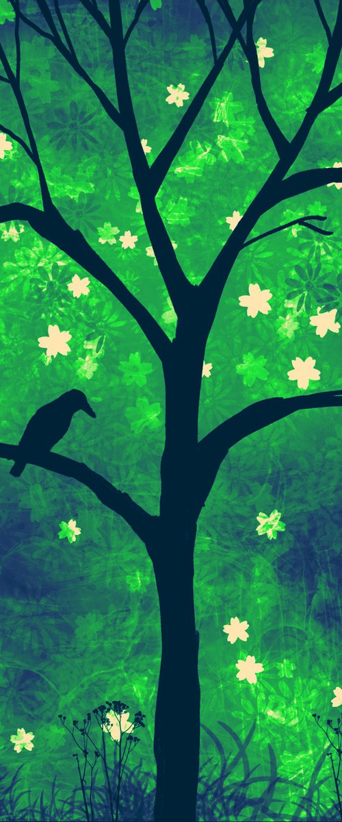 In the green , cute bird tree artwork by Stuart Wright