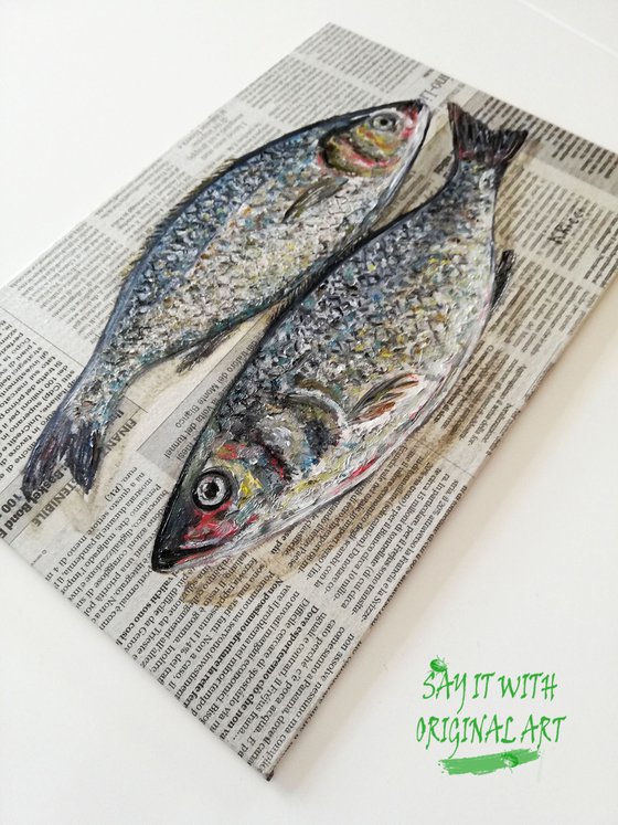 "Scaled Sea Brass Fishes on Newspaper" Original Oil on Canvas Board Painting 12 by 8 inches (30x20 cm)