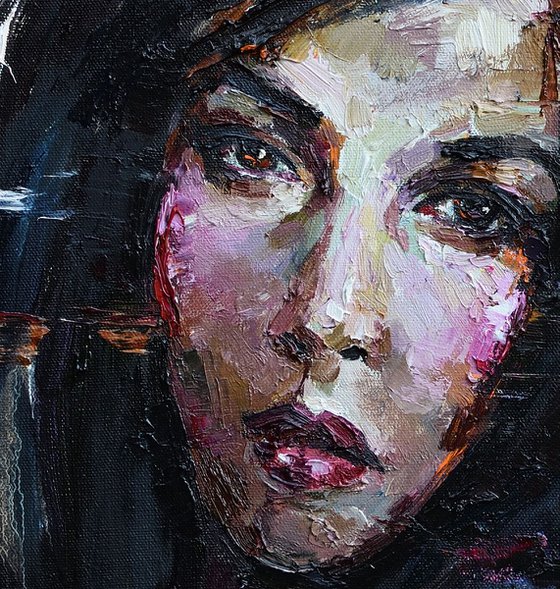 Black-haired woman portrait - Original oil painting 50 x 60 cm