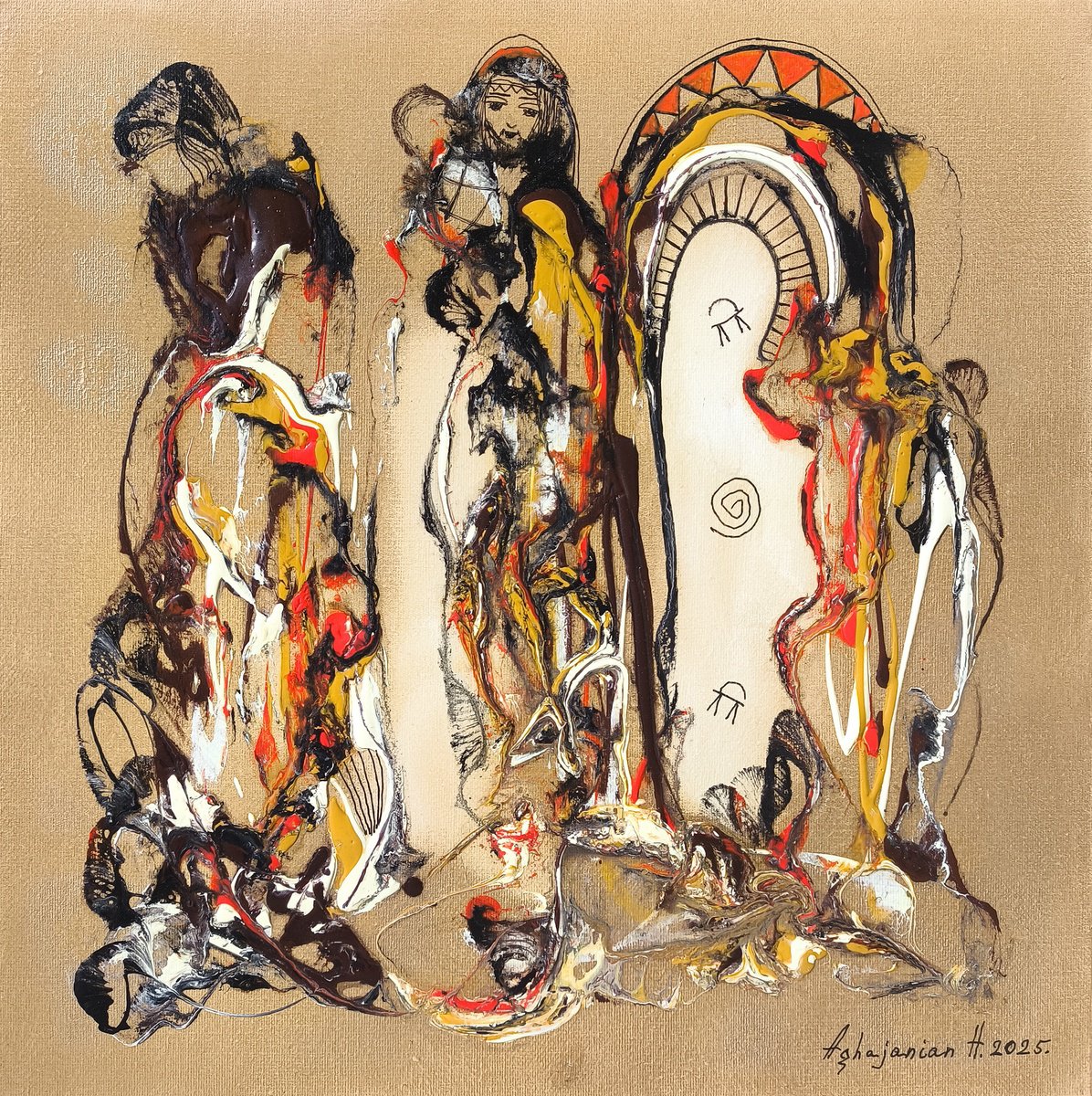 Abstract Portrait Oil Painting By Harutyun Aghajanyan, 16 X 16, Mystic Threshold, Original Artwork