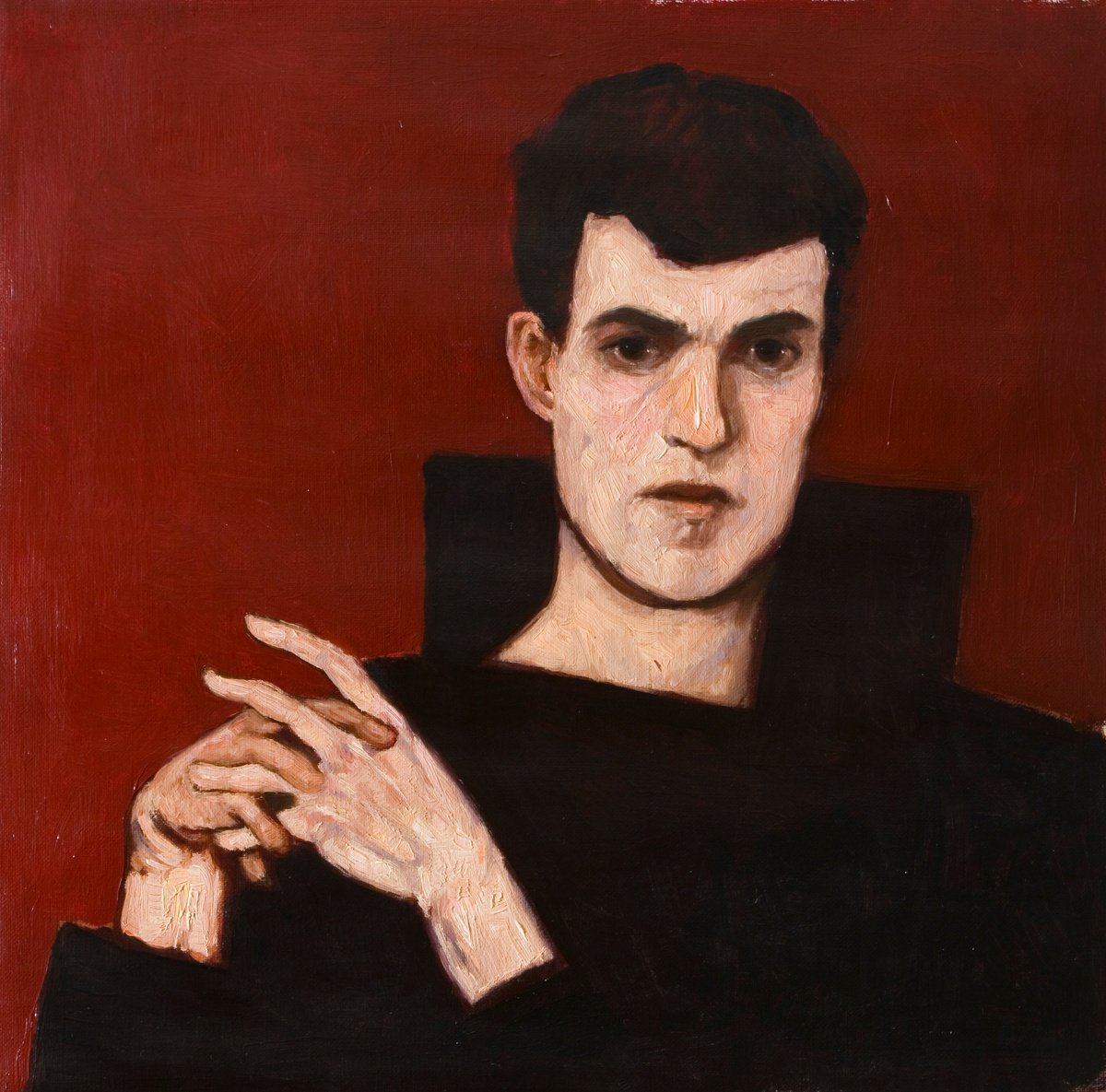 Impressionistic Portrait Oil Painting By Olivier Payeur, 16 X 16", Selfportrait On Red Black, Original Artwork