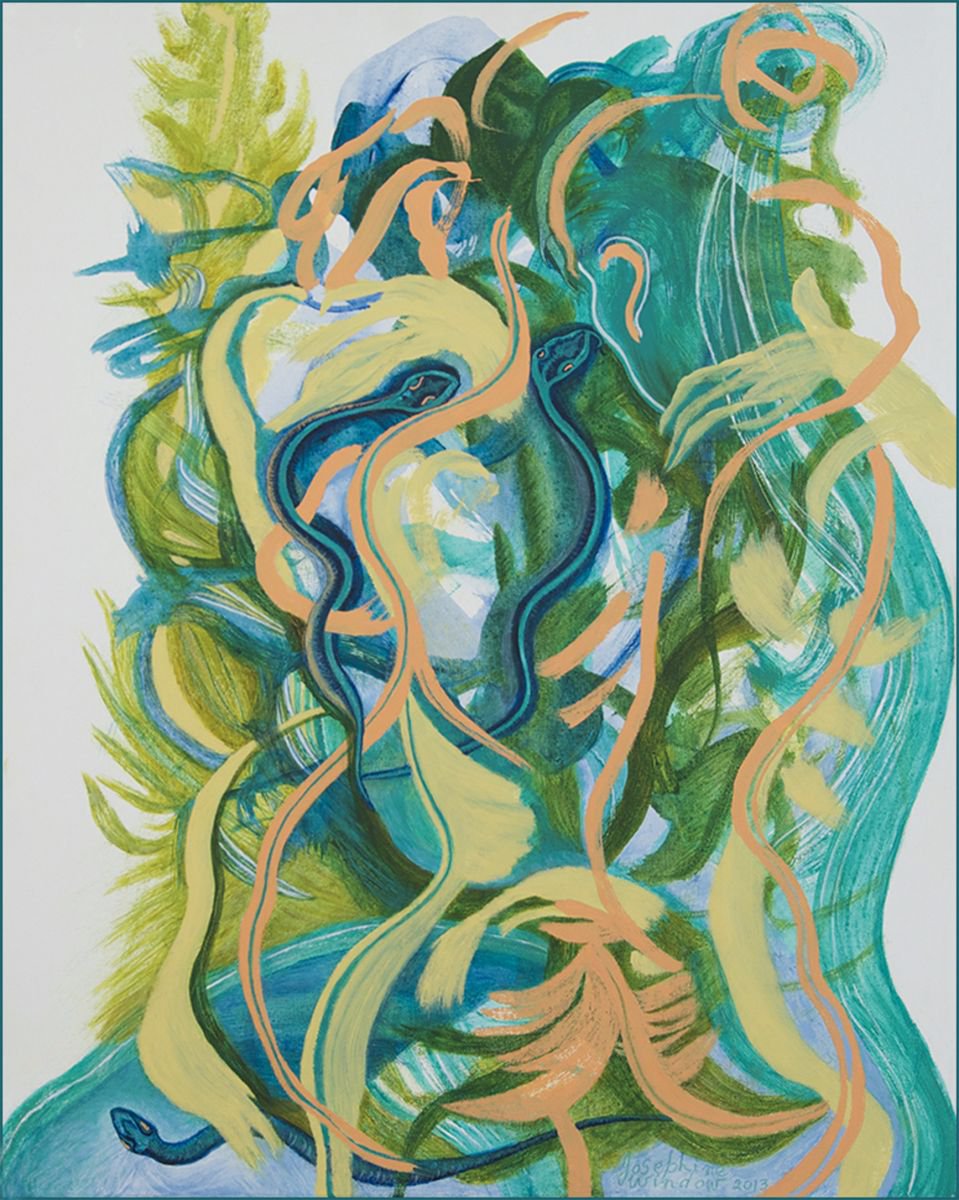 Organic Abstract Acrylic Painting By Josephine Window, 24 X 30", Rainforest Snake Charmer, Original Artwork