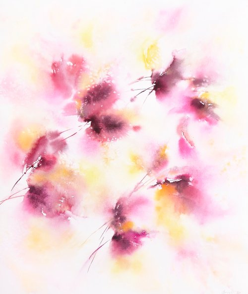 Pink and yellow abstract flower painting "November bouquet" by Olga Grigo
