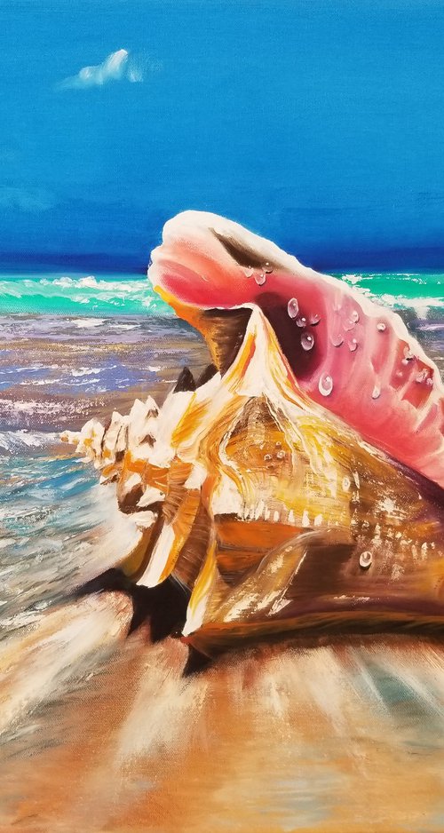 Seashell. Sea Rapan. Christmas Gift. New Year Gift. Original Oil Painting on Canvas. Sea Landscape. Tropical. Sky and Sea. Wall Art. Home Decor. by Alexandra Tomorskaya/Caramel Art Gallery