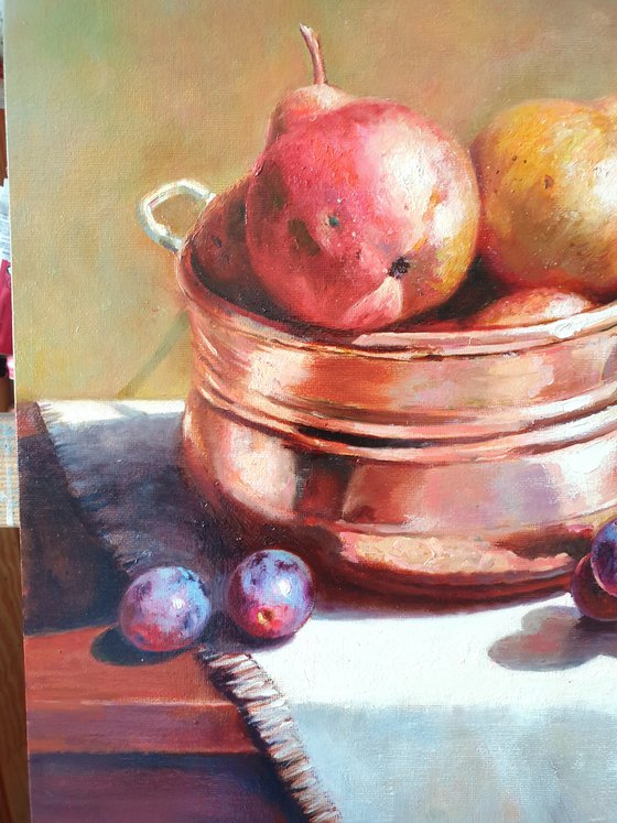 "Still life with grapes and pears in a small old French saucepan." still life grapes pears summer  liGHt original painting  GIFT (2020)