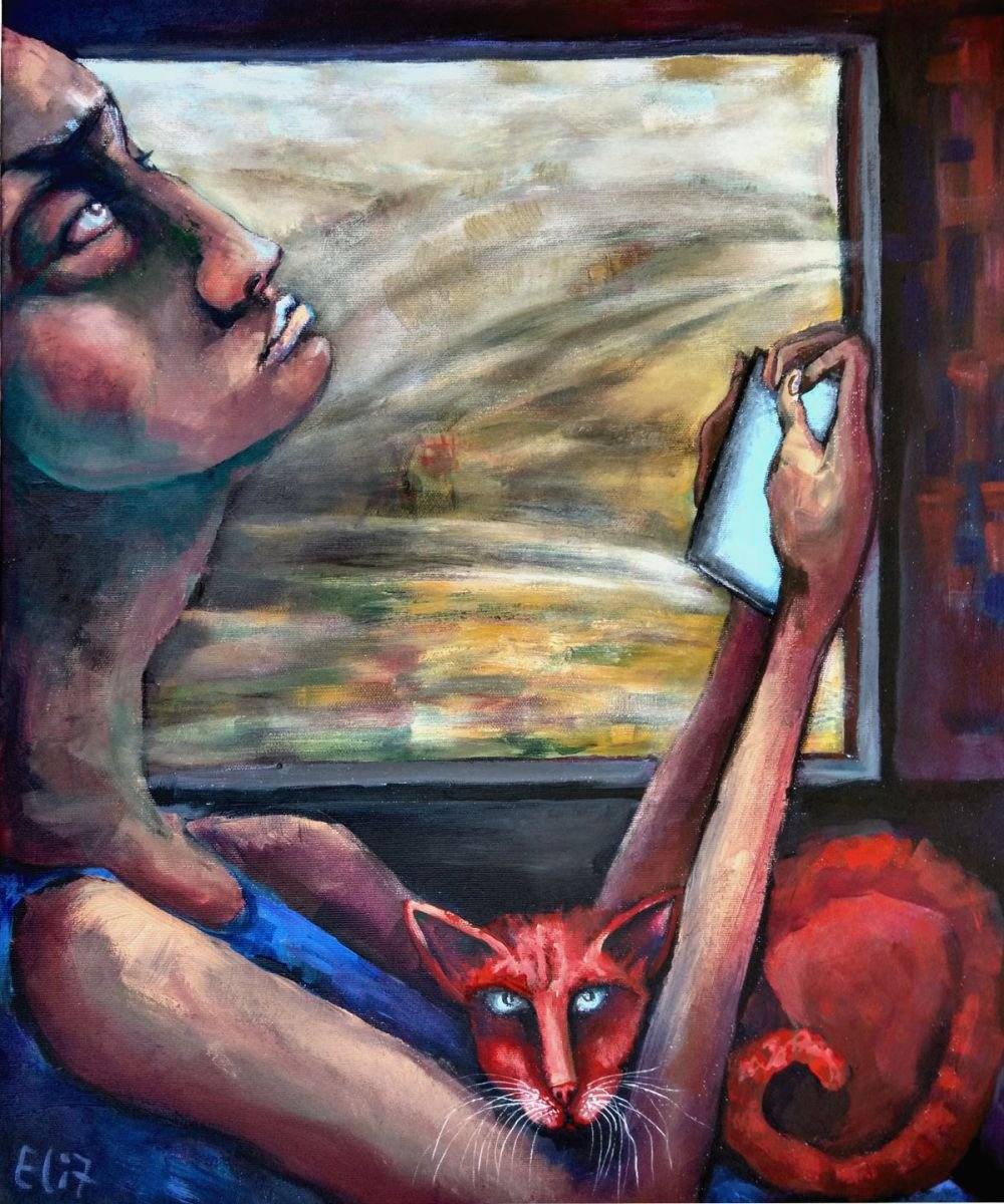 Expressive Portrait Acrylic Painting By Elisheva Nesis, 20 X 24, Between Two Worlds, Original Artwork