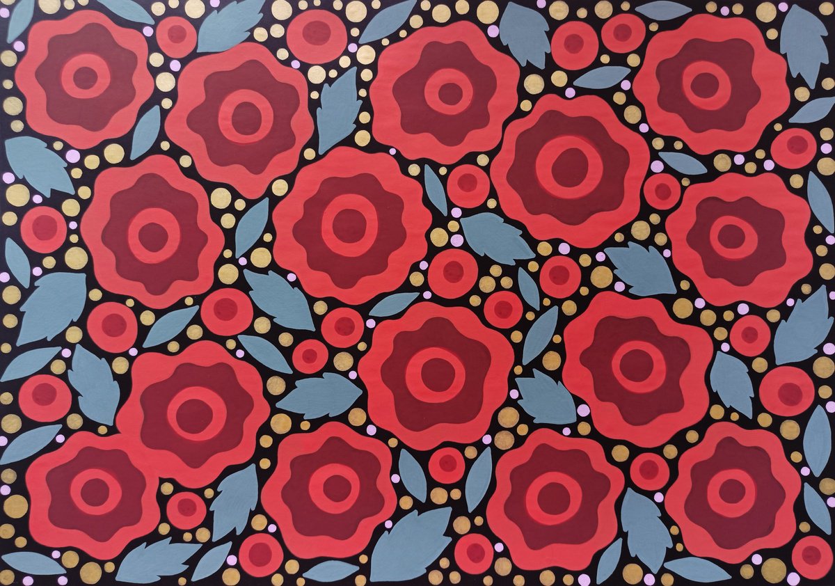 Naive Botanical Acrylic Painting By Veronika Demenko, 17 X 11", Meadows N.14, Original Artwork