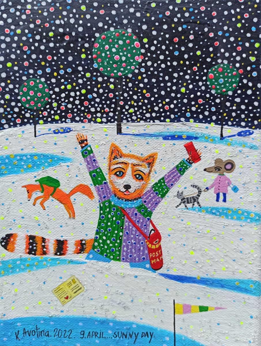 Impressionistic Animal Acrylic Painting By Katrina Avotina, 7 X 9", The Letter From Mr. Spring, Original Artwork