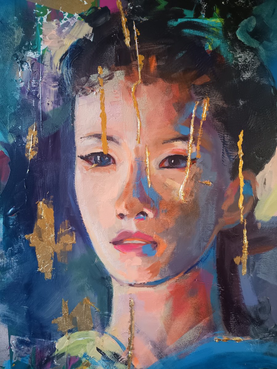 Expressive Portrait Acrylic Painting By Marina Del Pozo, 24 X 31", Gheisa #10, Original Artwork