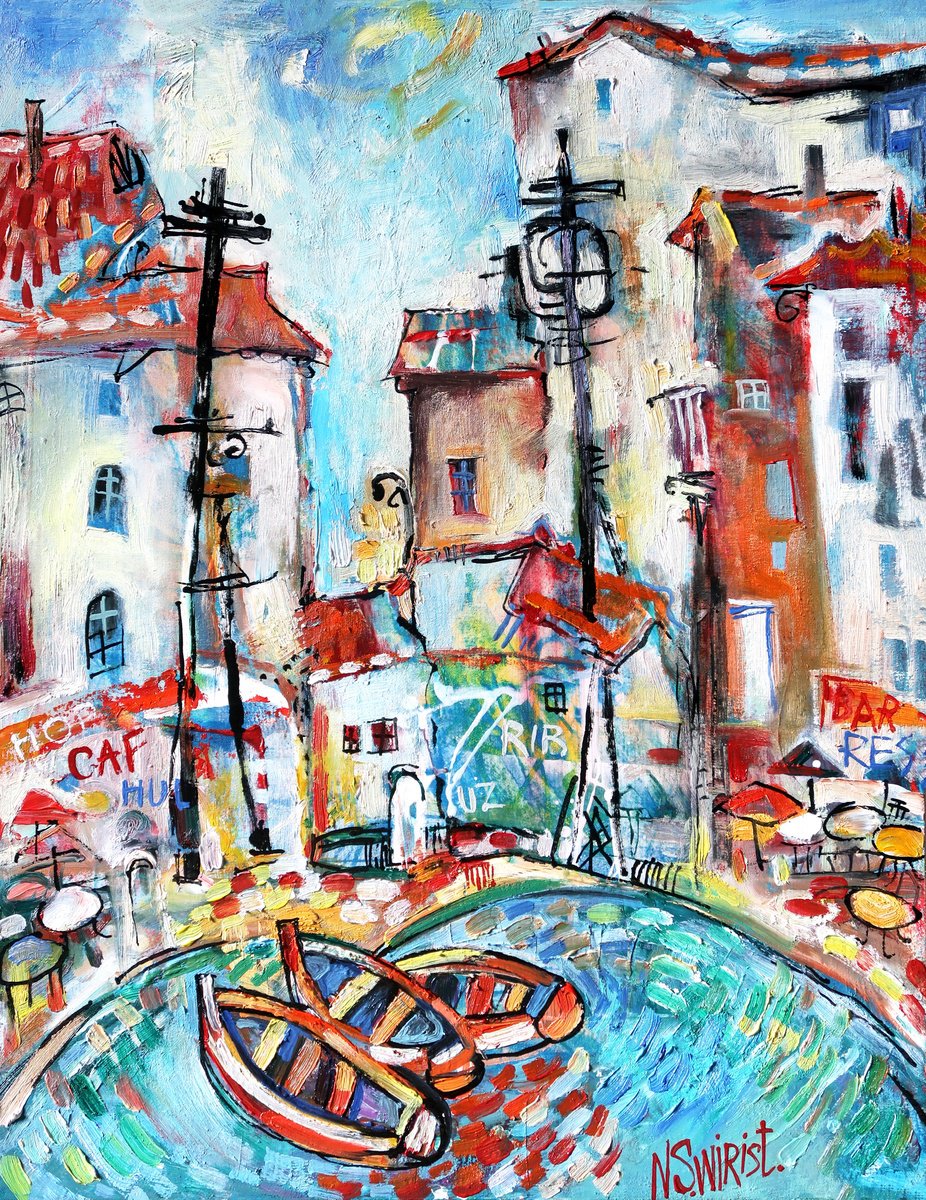 Impressionistic Cityscapes Oil Painting By Nikifor Swiristuhin, 14 X 18", South Bay. Greece., Original Artwork