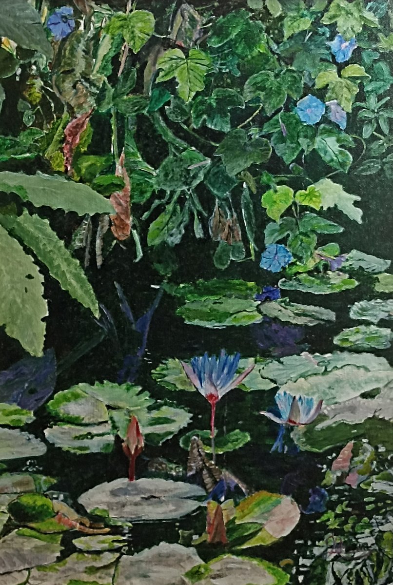 Impressionistic Botanical Oil Painting By Isabelle Lucas, 16 X 22, Blue Waterlily Flower, Original Artwork