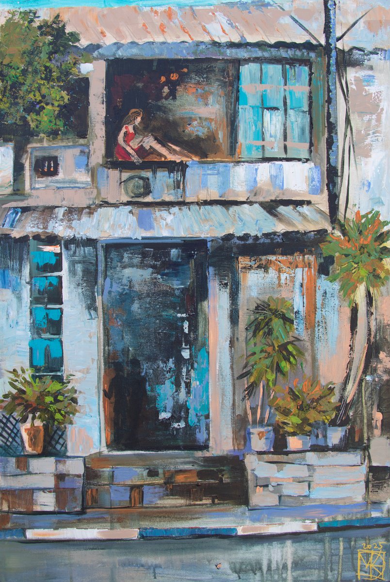 Impressionistic Cityscapes Acrylic Painting By Maria Kireev, 24 X 35", Balcony Stillness, Original Artwork