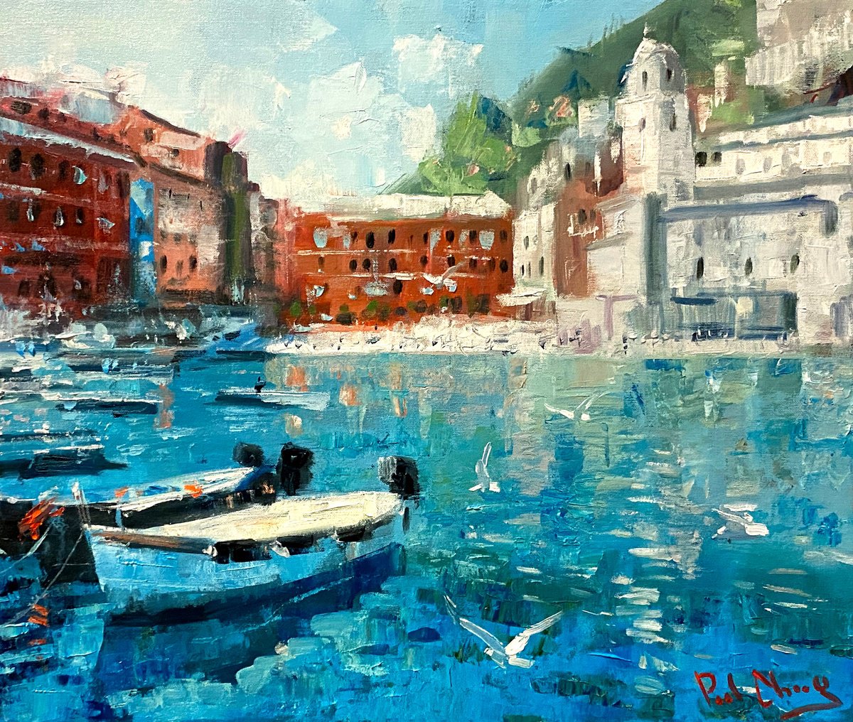 Impressionistic Cityscapes Oil Painting By Paul Cheng, 24 X 20", Vernazza Cinque Terre, Original Artwork
