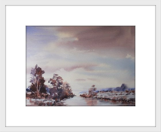 LATE SNOW, River Severn, Worcestershire. 2017. Original watercolour landscape painting.