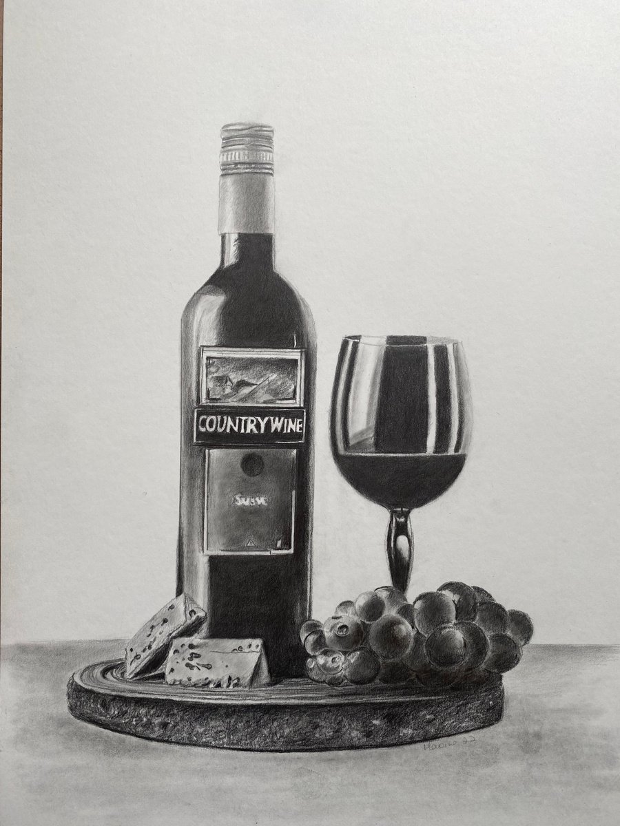 Bottle of wine and glass by Maxine Taylor