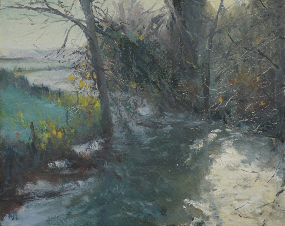 Impressionistic Landscape Oil Painting By Alex James Long, 12 X 9, Frosty Morning, River Windrush, Original Artwork