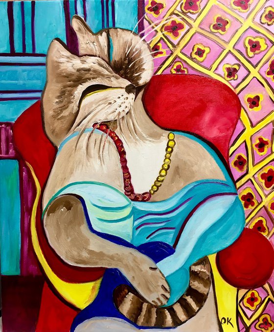 Cat version of “The Dream” by Pablo Picasso. Painting  for cat lovers.