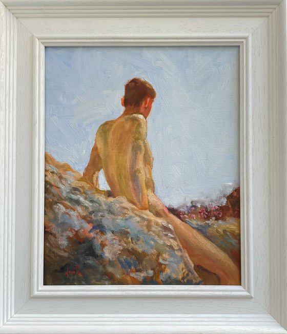 Impressionist style Male nude figure oil painting, with wooden frame.