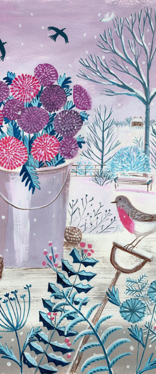 Winter garden with robin by Mary Stubberfield