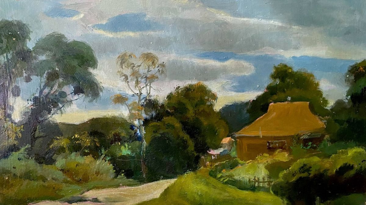 Impressionistic Landscape Oil Painting By Oleg And Alexander Litvinov, 8 X 17", Before The Rain, Original Artwork