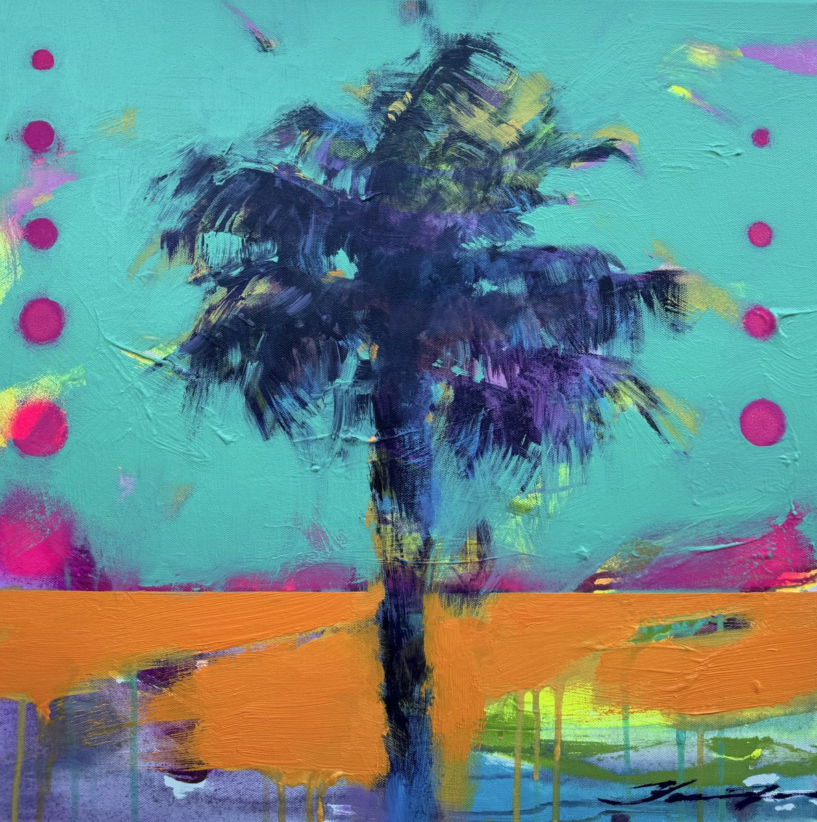 Urban And Pop Landscape Acrylic Painting By Yaroslav Yasenev, 20 X 20", Pink Rain, Original Artwork