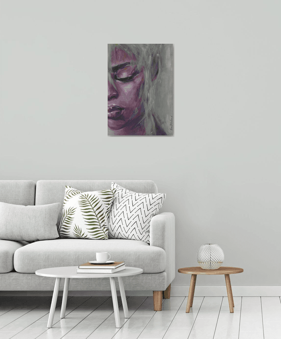 Young Empowered Woman Portrait in calm purple, grey and pink