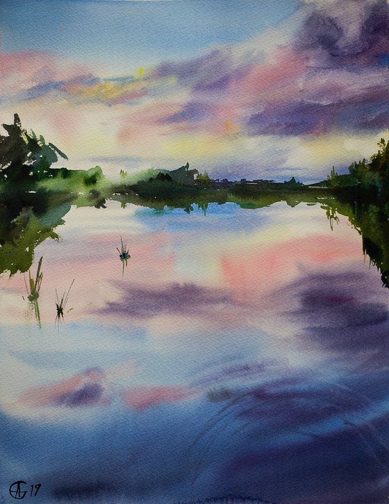 Sunset in Salamanca, Spain. Original watercolor. small nature landscape reflection pink bright