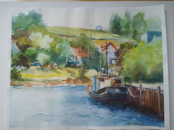 Moored boat, original, one of a kind, watercolor on paper seascape (11x14'')