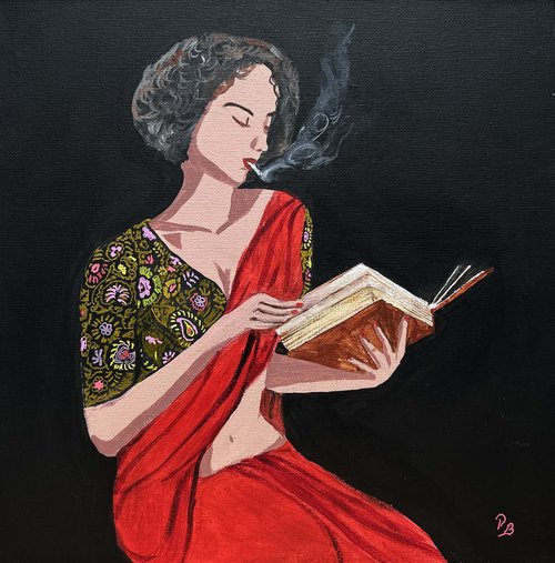 Original POP Art - Scarlet Red Saree and a book Pop Art Indian painting, Modern Asian painting by Parul Baliyan