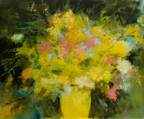 "Yellow bouquet" - Still life Oil painting knife palette - floral - flower - Modern Contemporary Gestural decorative original - home interior design by Fabienne Monestier